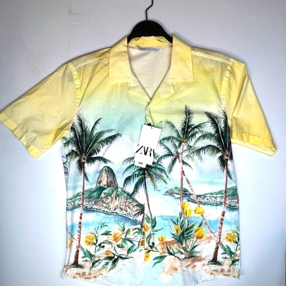 Zara Shirt Men's Small Watercolor Tropical Print Short Sleeve 3057/810 slim